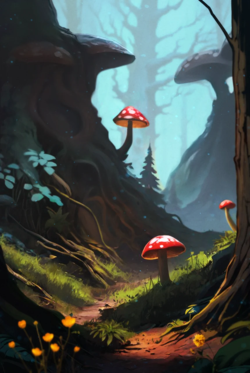 A winding path through a forest of giant mushrooms