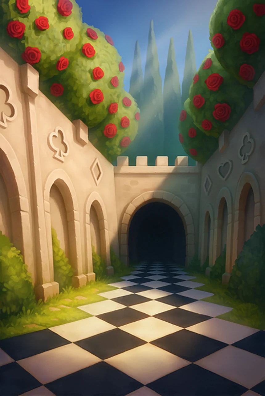 A chequered path between rose-covered castle walls