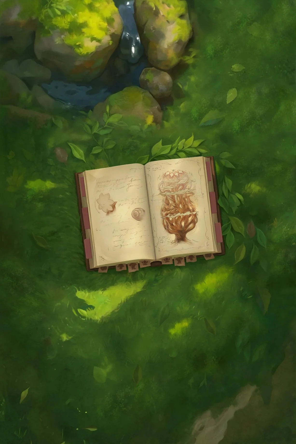 An illustrated book resting in KokoronoKi’s sunlit forest