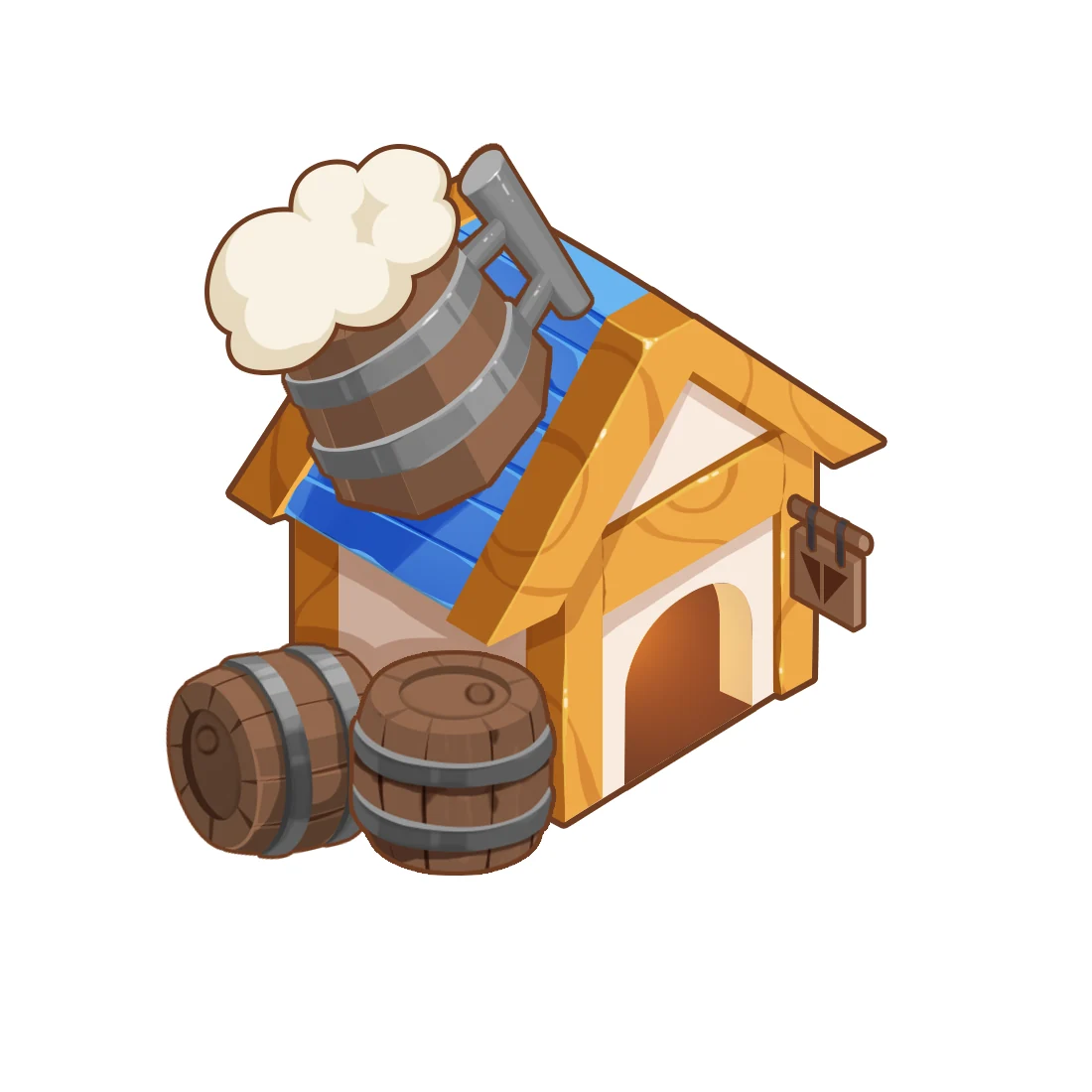 A tavern with barrels and an oversized tankard on its roof