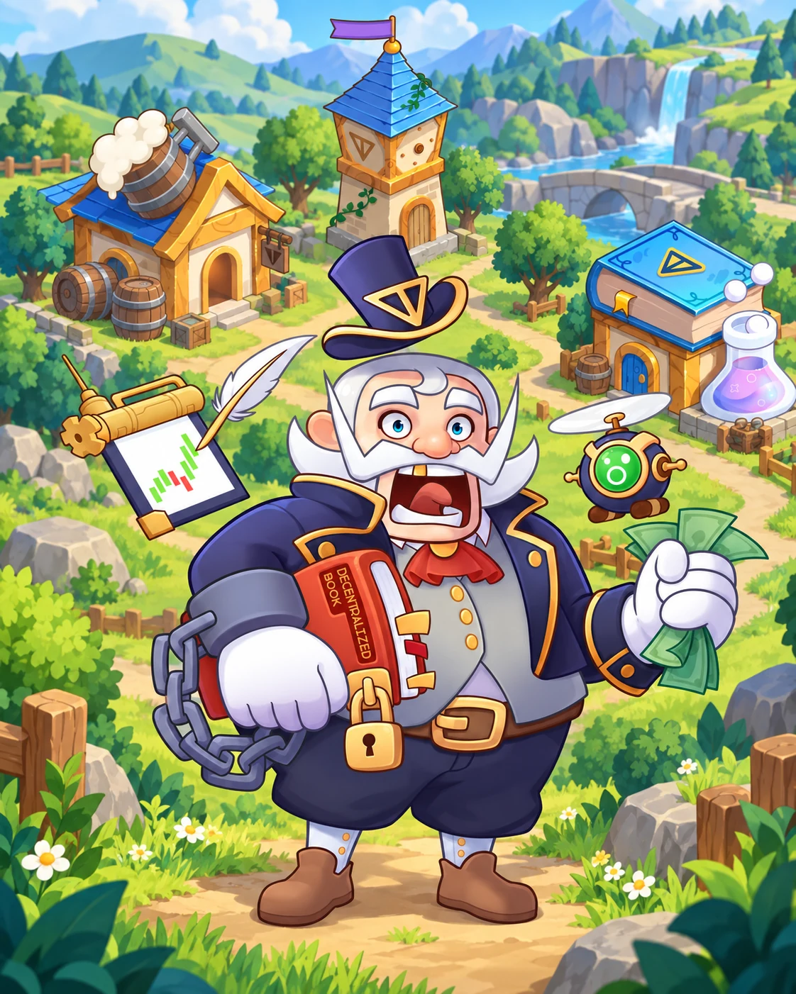 Token Valley’s white-moustached mascot in front of an illustrated village